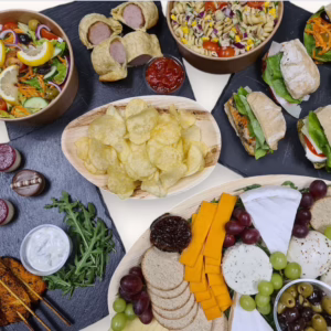 Buffet N°3 - Sandwiches, salads, chicken skewers, sausage rolls, cheese platter, crisps and cheesecakes