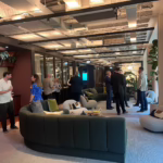 Guests networking at a corporate catering event